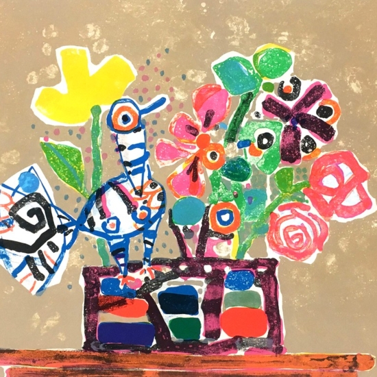 ポール・アイズピリの絵画作品　タイトルは、鳥とカゴ